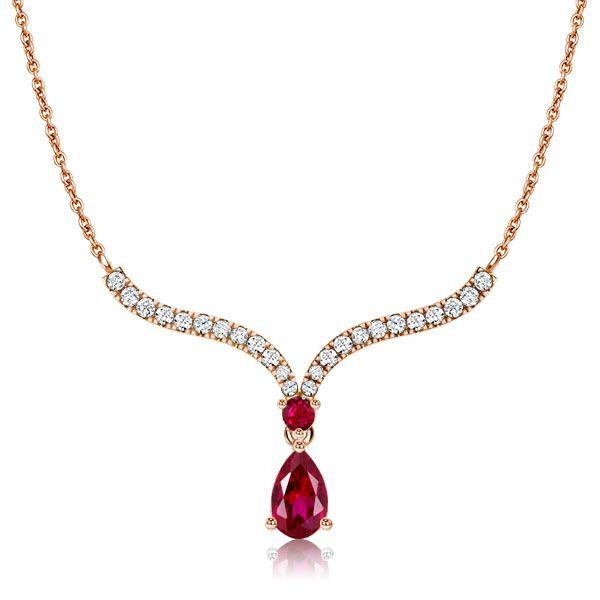 Ruby Pear Cut Silver Pendant Necklace - V-Shaped, 925 Sterling Silver