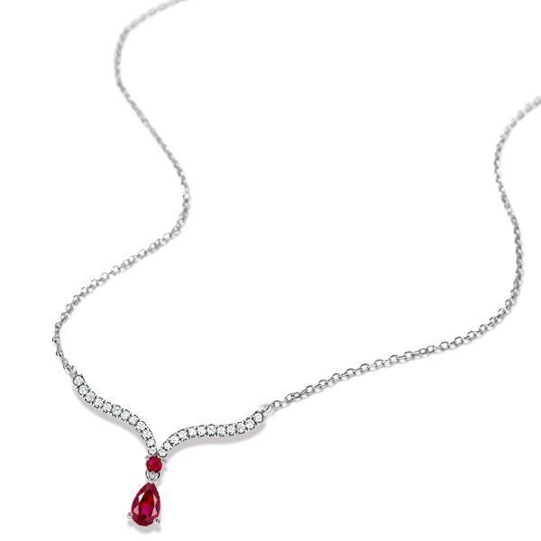 Ruby Pear Cut Silver Pendant Necklace - V-Shaped, 925 Sterling Silver