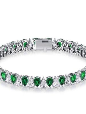 Sterling Silver Pear Cut Tennis Bracelet with White & Emerald Stones