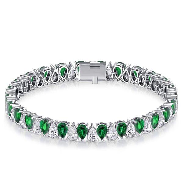 Sterling Silver Pear Cut Tennis Bracelet with White & Emerald Stones