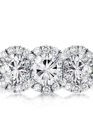 Halo Round Cut Three Stone Engagement Ring in Sterling Silver with 3.50 CT. TW.