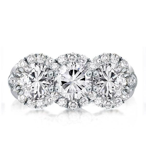 Halo Round Cut Three Stone Engagement Ring in Sterling Silver with 3.50 CT. TW.