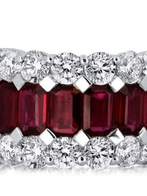 Emerald and Round Cut Garnet Wedding Band in Rhodium-Plated Sterling Silver