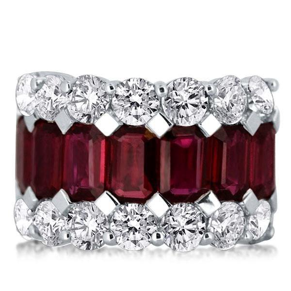 Emerald and Round Cut Garnet Wedding Band in Rhodium-Plated Sterling Silver