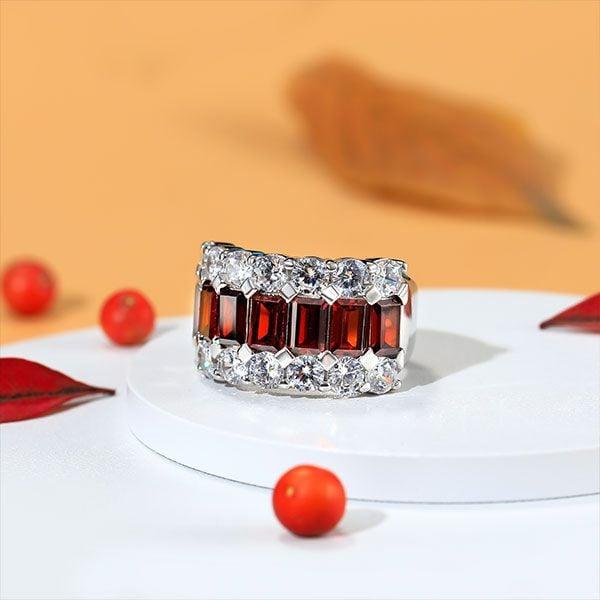 Emerald and Round Cut Garnet Wedding Band in Rhodium-Plated Sterling Silver
