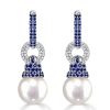 Dainty Blue Sapphire Pearl Drop Earrings for Women in Rhodium-Plated 925 Sterling Silver