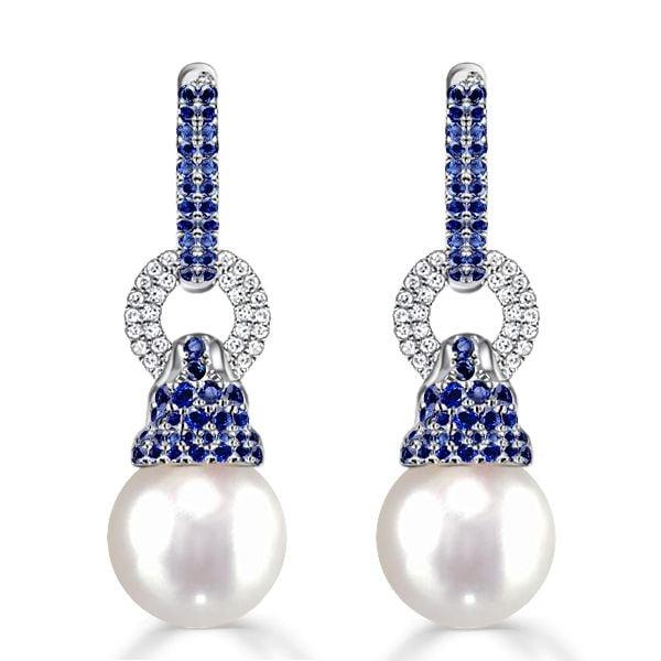 Dainty Blue Sapphire Pearl Drop Earrings for Women in Rhodium-Plated 925 Sterling Silver