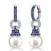 Dainty Blue Sapphire Pearl Drop Earrings for Women in Rhodium-Plated 925 Sterling Silver
