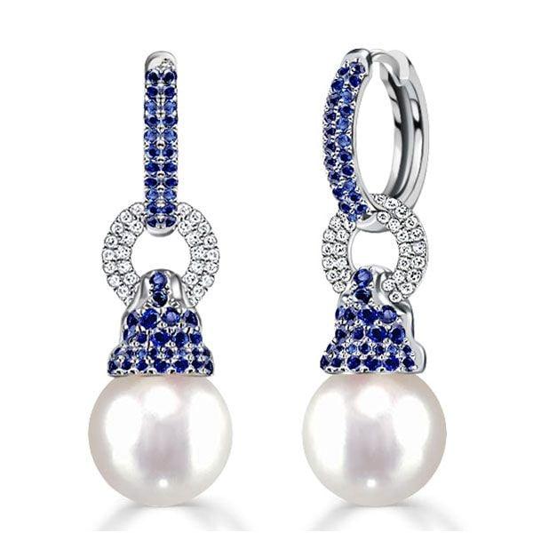 Dainty Blue Sapphire Pearl Drop Earrings for Women in Rhodium-Plated 925 Sterling Silver