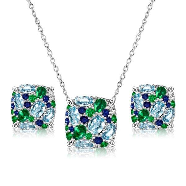 925 Sterling Silver Multi-Color Aquamarine Necklace and Earrings Jewelry Set