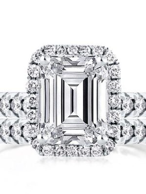 Emerald Cut & Round Halo Bridal Set in Sterling Silver