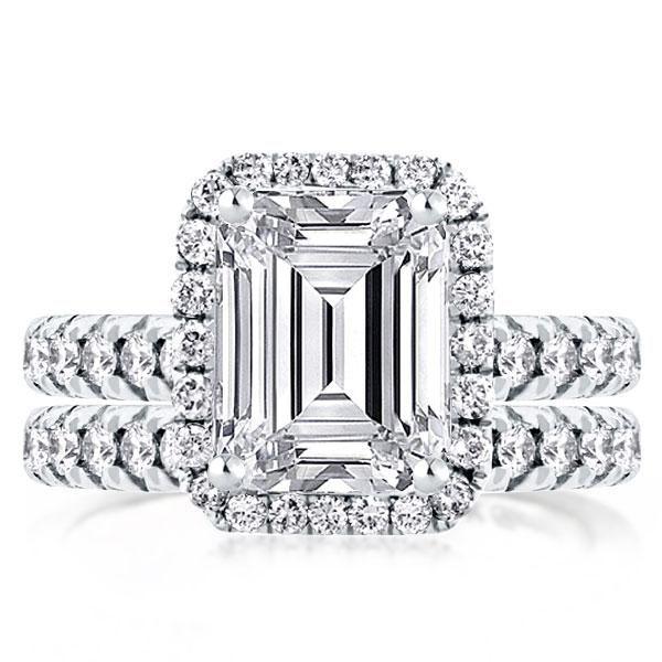 Emerald Cut & Round Halo Bridal Set in Sterling Silver