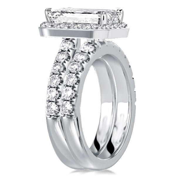 Emerald Cut & Round Halo Bridal Set in Sterling Silver