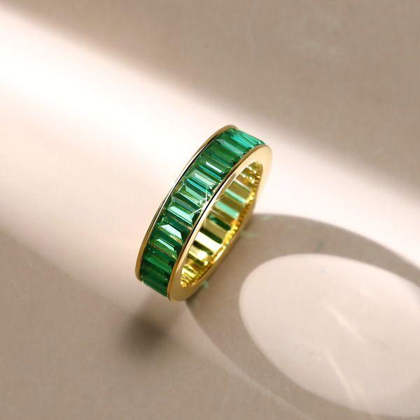 Golden Emerald Baguette Wedding Band - 18K Gold Plated Sterling Silver Eternity Ring