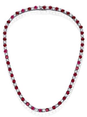 Ruby & White Sapphire Tennis Necklace - 925 Sterling Silver - Choice of Length & Plating