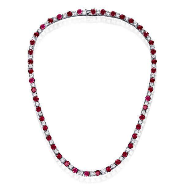Ruby & White Sapphire Tennis Necklace - 925 Sterling Silver - Choice of Length & Plating