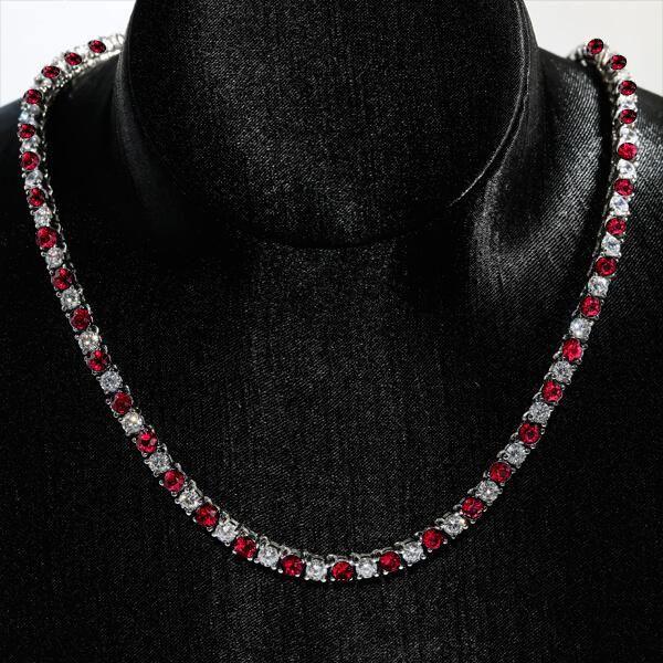 Ruby & White Sapphire Tennis Necklace - 925 Sterling Silver - Choice of Length & Plating