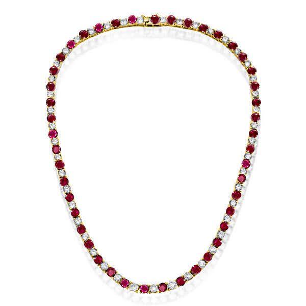 Ruby & White Sapphire Tennis Necklace - 925 Sterling Silver - Choice of Length & Plating