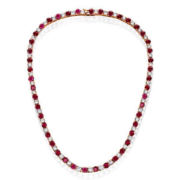 Ruby & White Sapphire Tennis Necklace - 925 Sterling Silver - Choice of Length & Plating