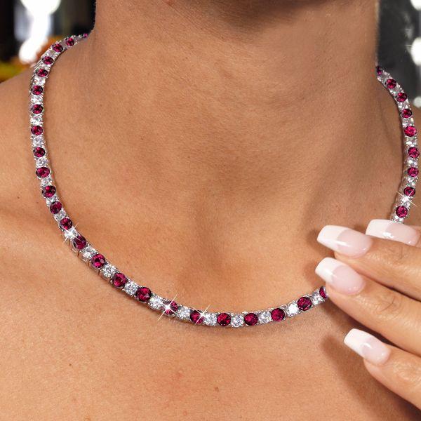 Ruby & White Sapphire Tennis Necklace - 925 Sterling Silver - Choice of Length & Plating