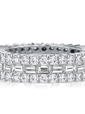 Triple Row Round & Emerald Cut CZ Eternity Band - Sterling Silver Wedding Ring