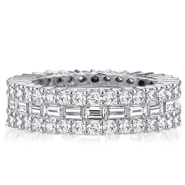 Triple Row Round & Emerald Cut CZ Eternity Band - Sterling Silver Wedding Ring