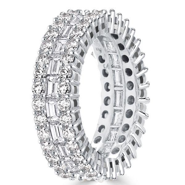 Triple Row Round & Emerald Cut CZ Eternity Band - Sterling Silver Wedding Ring