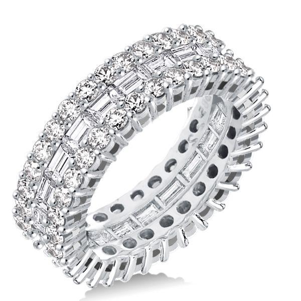 Triple Row Round & Emerald Cut CZ Eternity Band - Sterling Silver Wedding Ring
