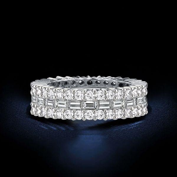 Triple Row Round & Emerald Cut CZ Eternity Band - Sterling Silver Wedding Ring