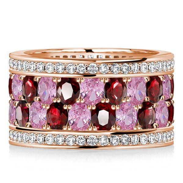 18K Rose Gold Plated Garnet Pink Stone Ring, Oval Cut, Multi Row Band, 7.23 CT. TW.