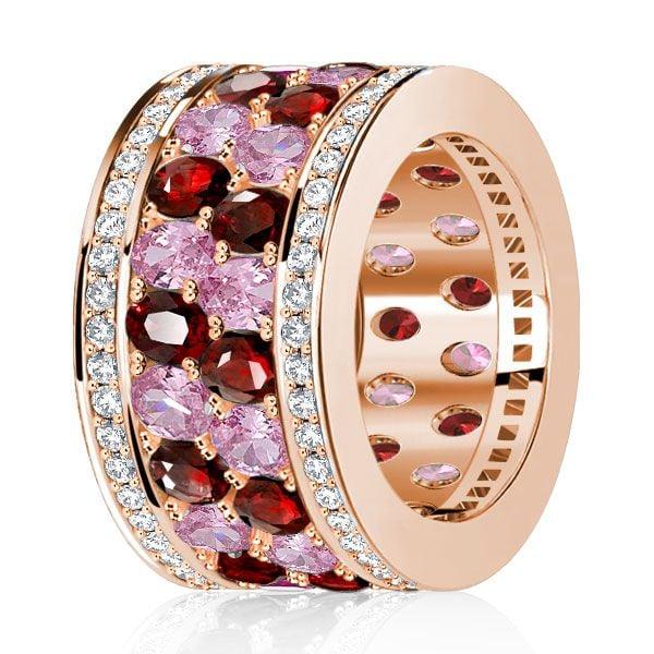 18K Rose Gold Plated Garnet Pink Stone Ring, Oval Cut, Multi Row Band, 7.23 CT. TW.