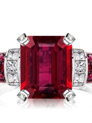 Two-Tone Emerald Cut Red Sapphire Sterling Silver Engagement Ring