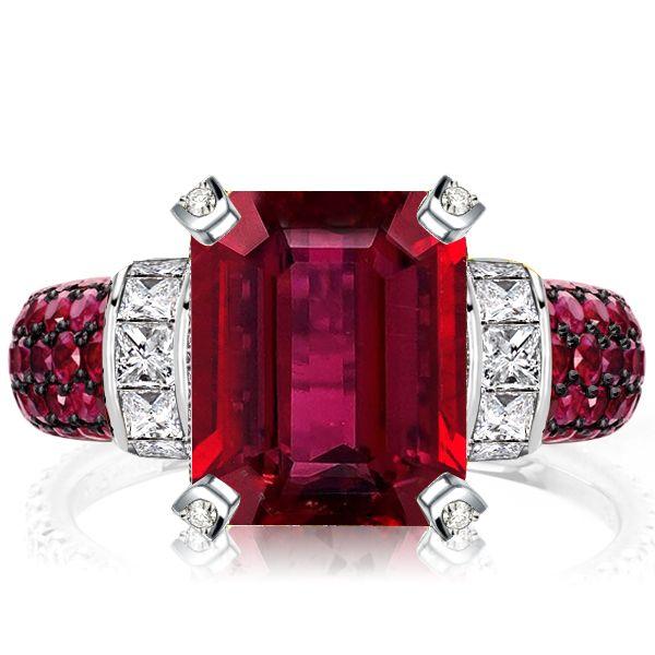 Two-Tone Emerald Cut Red Sapphire Sterling Silver Engagement Ring