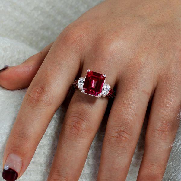 Two-Tone Emerald Cut Red Sapphire Sterling Silver Engagement Ring