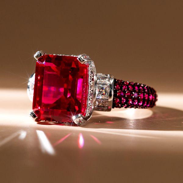 Two-Tone Emerald Cut Red Sapphire Sterling Silver Engagement Ring