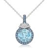 Halo Aquamarine Pendant Necklace in Sterling Silver with Rhodium Plating
