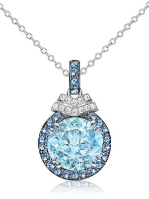 Halo Aquamarine Pendant Necklace in Sterling Silver with Rhodium Plating