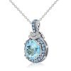 Halo Aquamarine Pendant Necklace in Sterling Silver with Rhodium Plating