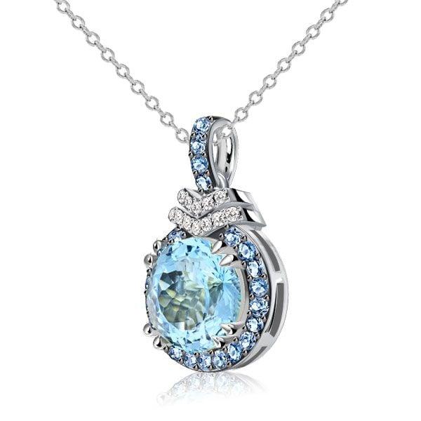 Halo Aquamarine Pendant Necklace in Sterling Silver with Rhodium Plating