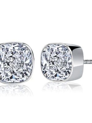 Cushion Cut White Sapphire Stud Earrings in Sterling Silver Milgrain Bezel