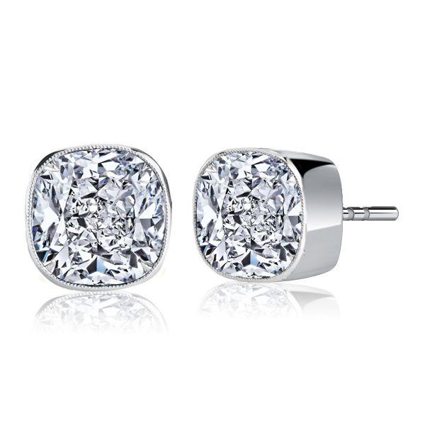 Cushion Cut White Sapphire Stud Earrings in Sterling Silver Milgrain Bezel