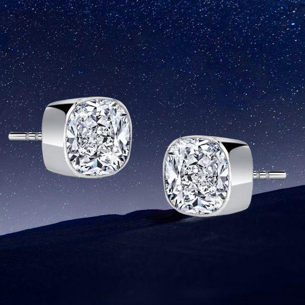 Cushion Cut White Sapphire Stud Earrings in Sterling Silver Milgrain Bezel