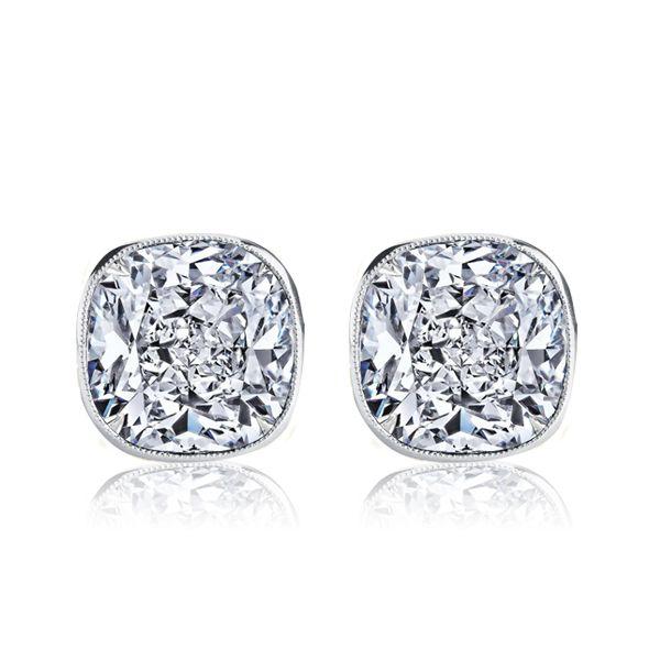 Cushion Cut White Sapphire Stud Earrings in Sterling Silver Milgrain Bezel