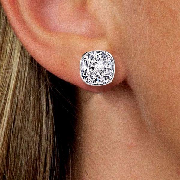Cushion Cut White Sapphire Stud Earrings in Sterling Silver Milgrain Bezel