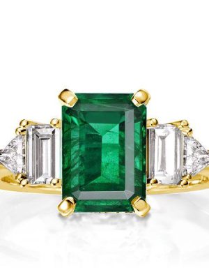Emerald Cut Green Engagement Ring with Side Stones - 18K Gold Plated Sterling Silver