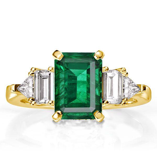 Emerald Cut Green Engagement Ring with Side Stones - 18K Gold Plated Sterling Silver
