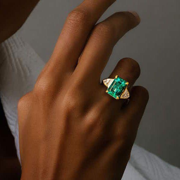 Emerald Cut Green Engagement Ring with Side Stones - 18K Gold Plated Sterling Silver