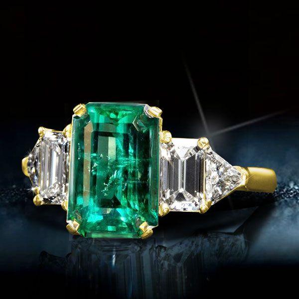 Emerald Cut Green Engagement Ring with Side Stones - 18K Gold Plated Sterling Silver