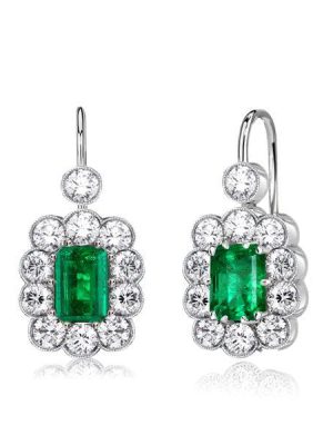 Art Deco Emerald Cut Drop Earrings - Sterling Silver Emerald Cluster Dangle Earrings