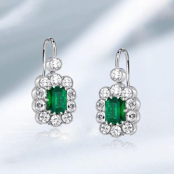 Art Deco Emerald Cut Drop Earrings - Sterling Silver Emerald Cluster Dangle Earrings